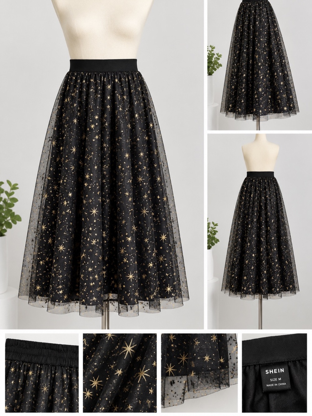 SHEIN Black Tulle Midi Skirt with Gold Star Print